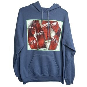 Coca Cola Hoodie Men's Size M Blue Its The Real Thing Bottles Graphic Sweatshirt